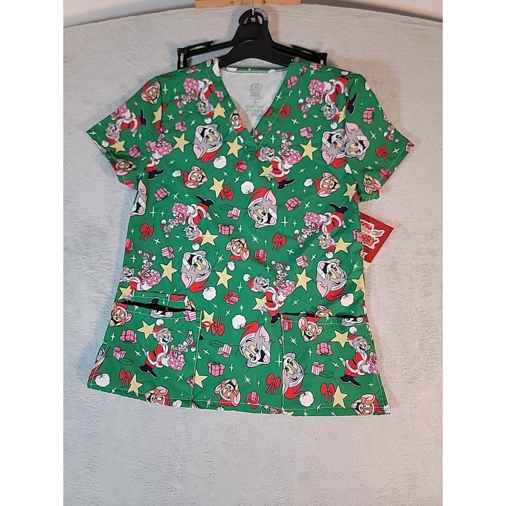 Tom & Jerry Santa Christmas Scrub Top Womens Size S Short Sleeve 3 Pockets Green